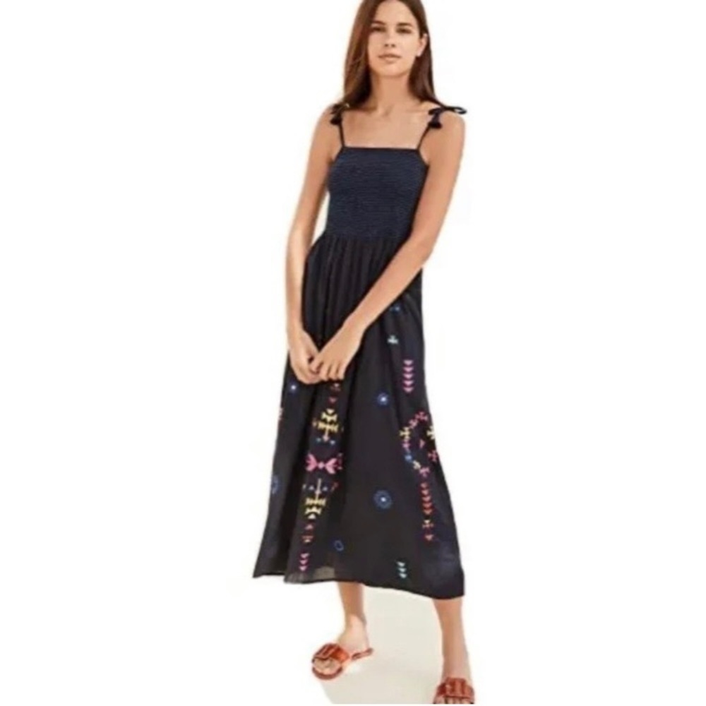 Figue Azalea Navy Blue Tie Strap Smocked Embroidered Midi Dress, Size Large